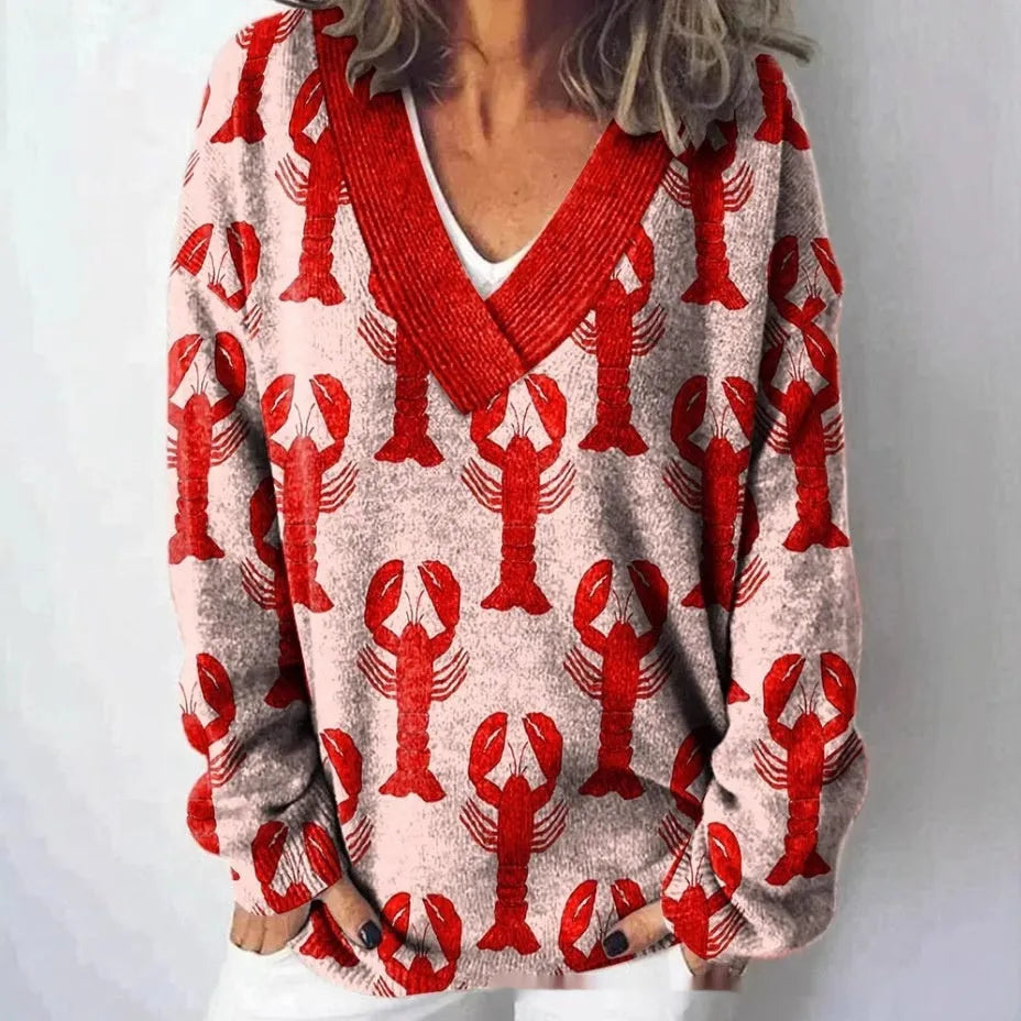 Women's white floral print V-neck sweatshirt with 3D pattern and long sleeves on a hanger.