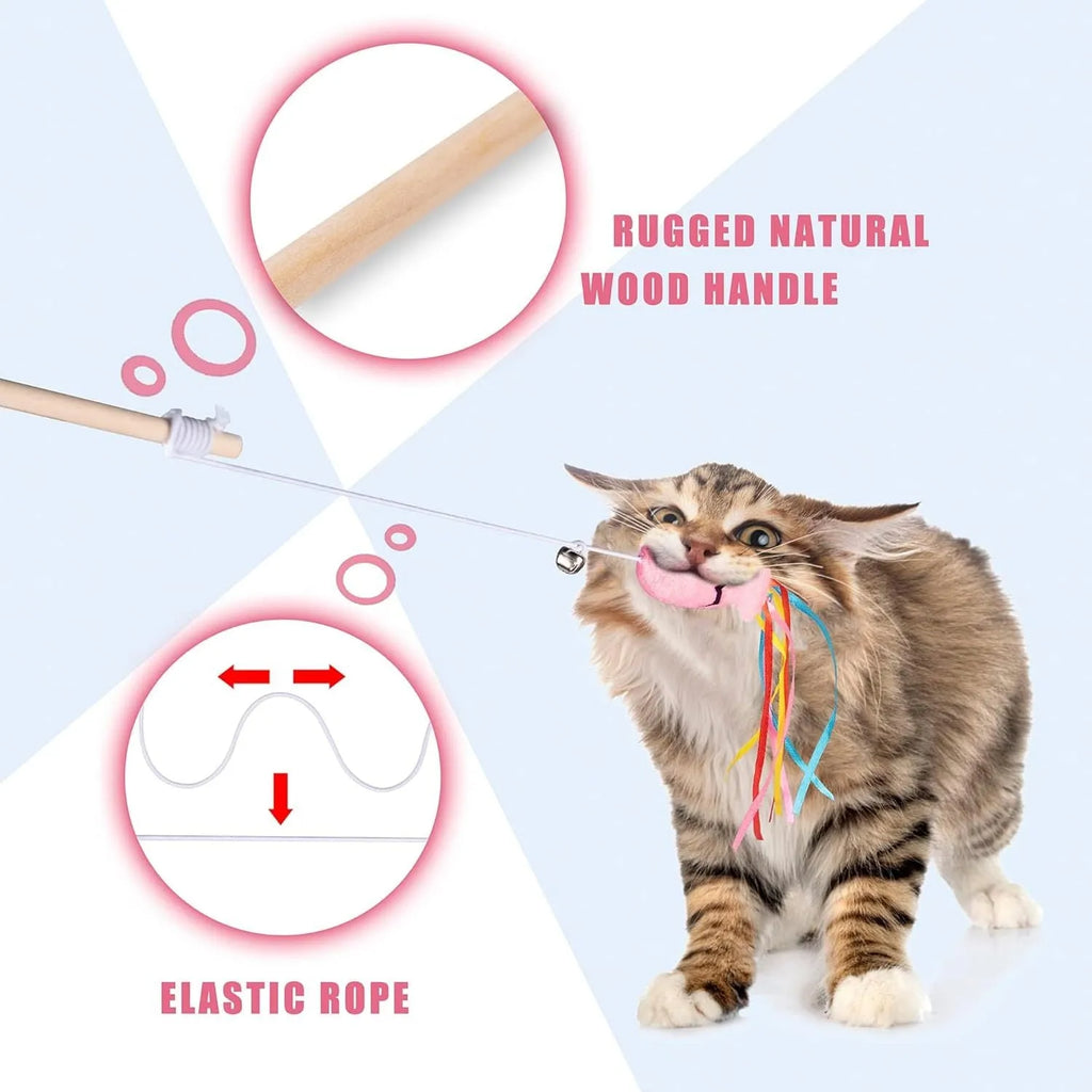 Cat wand toy with colourful ribbons, catnip fish attachment, and bell on wooden handle