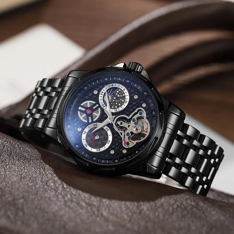 Men's automatic business watch with luminous dial and choice of steel or leather strap in black or white
