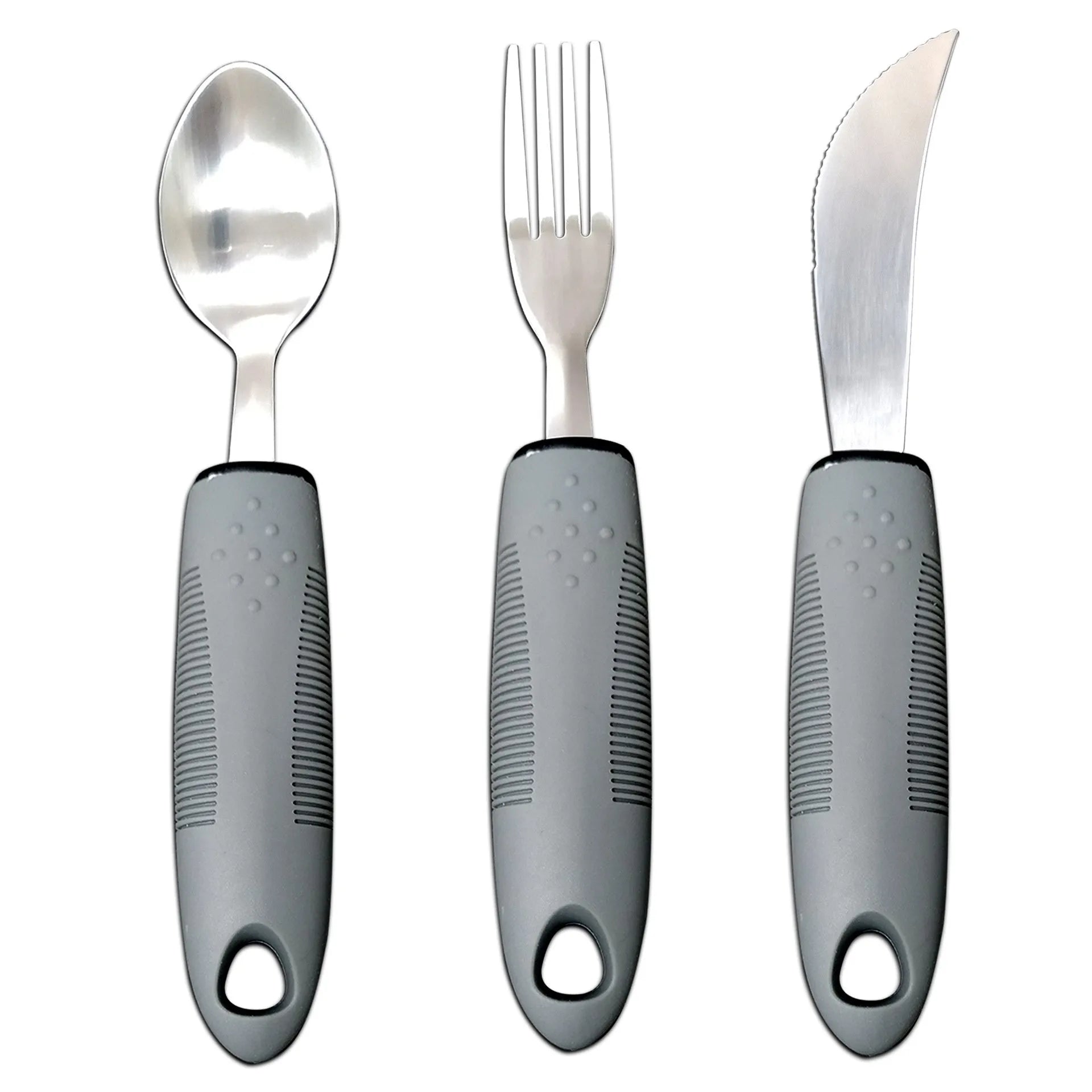 Stainless steel adaptive spoon with black rubber anti-shake handle for elderly food aid.