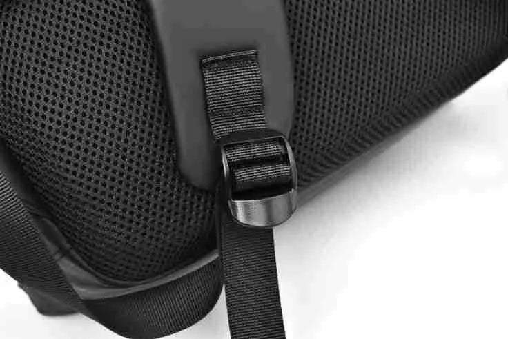 Waterproof PU leather backpack in black, blue or grey showing simple design and sewing thread detailing