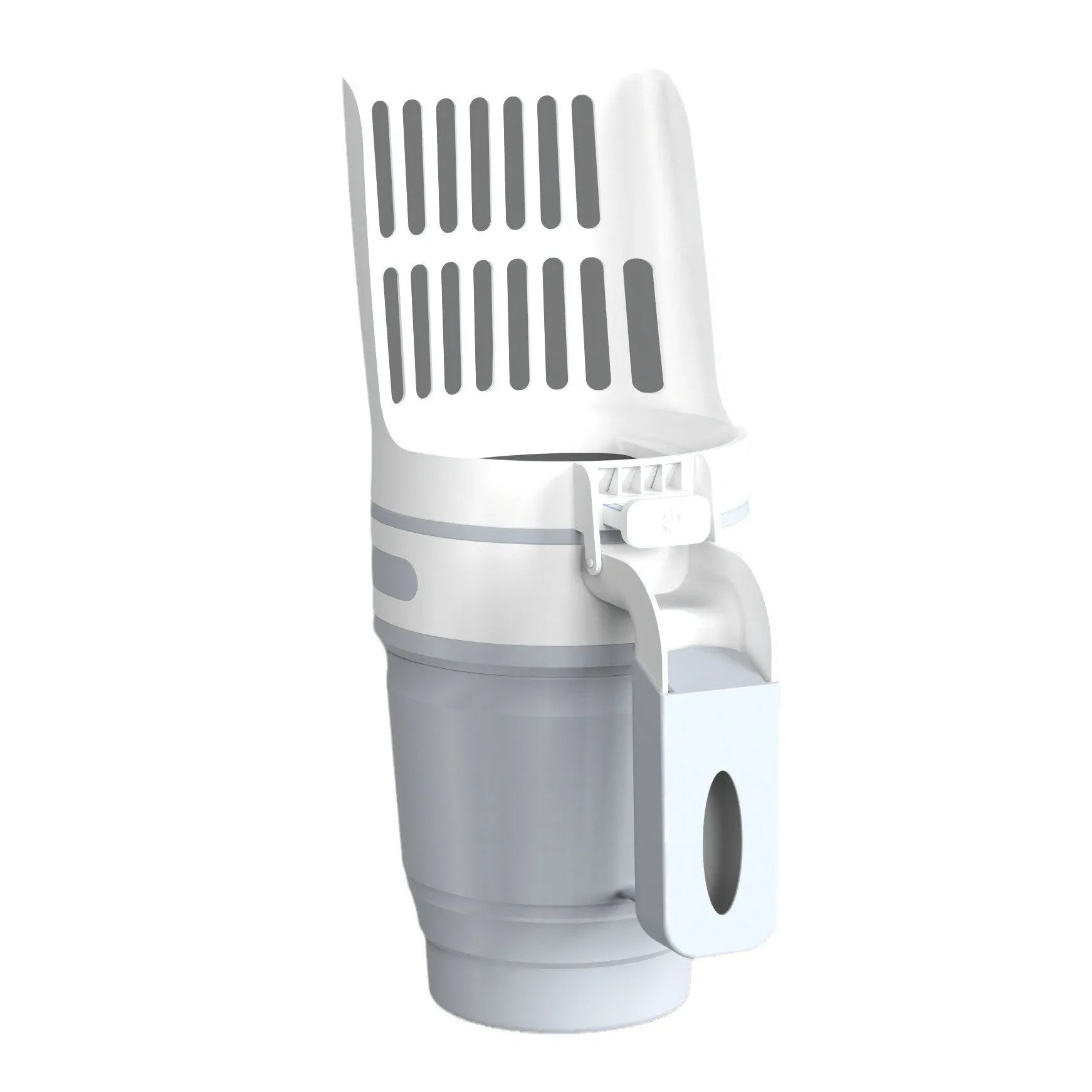 Grey foldable cat litter scoop and bin system with non-slip handle next to a litter box.