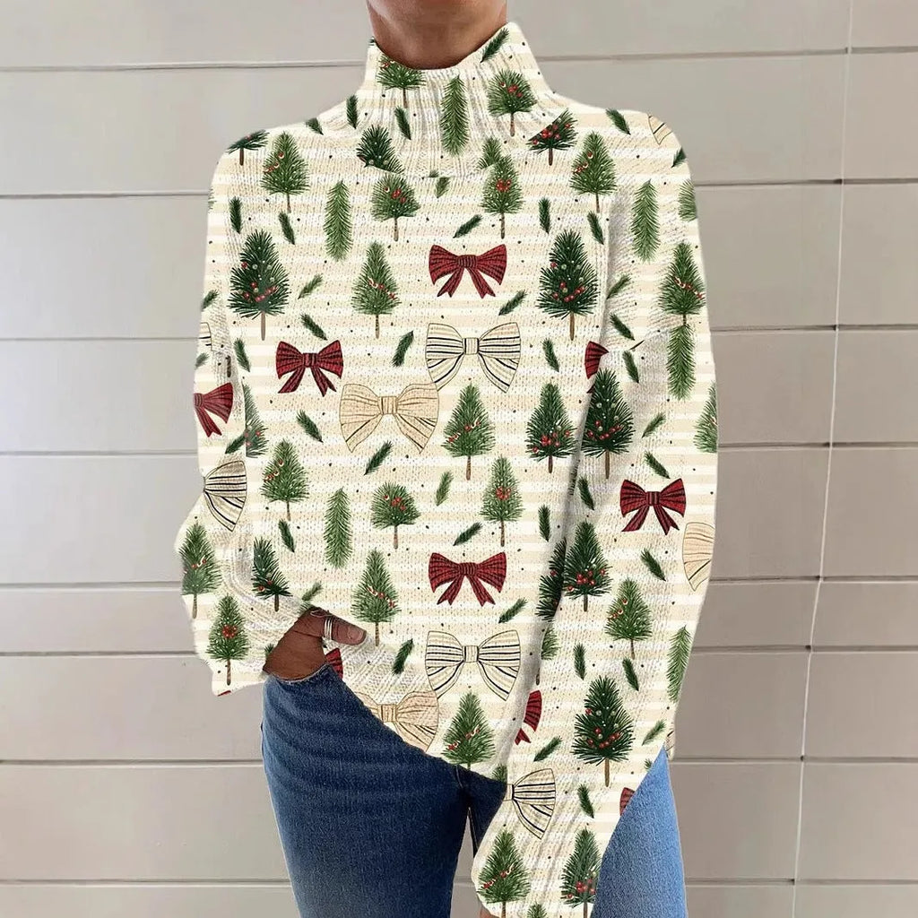 Women's Christmas printed turtleneck sweater in loose fit pullover style with long sleeves