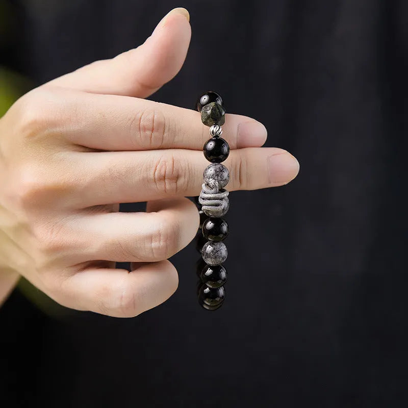 Men's S925 sterling silver snake year bracelet with 10mm black obsidian crystal and retro zodiac design