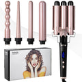 Rose gold hair curler with LCD display and multiple interchangeable tubes on a colour box, with protective gloves.