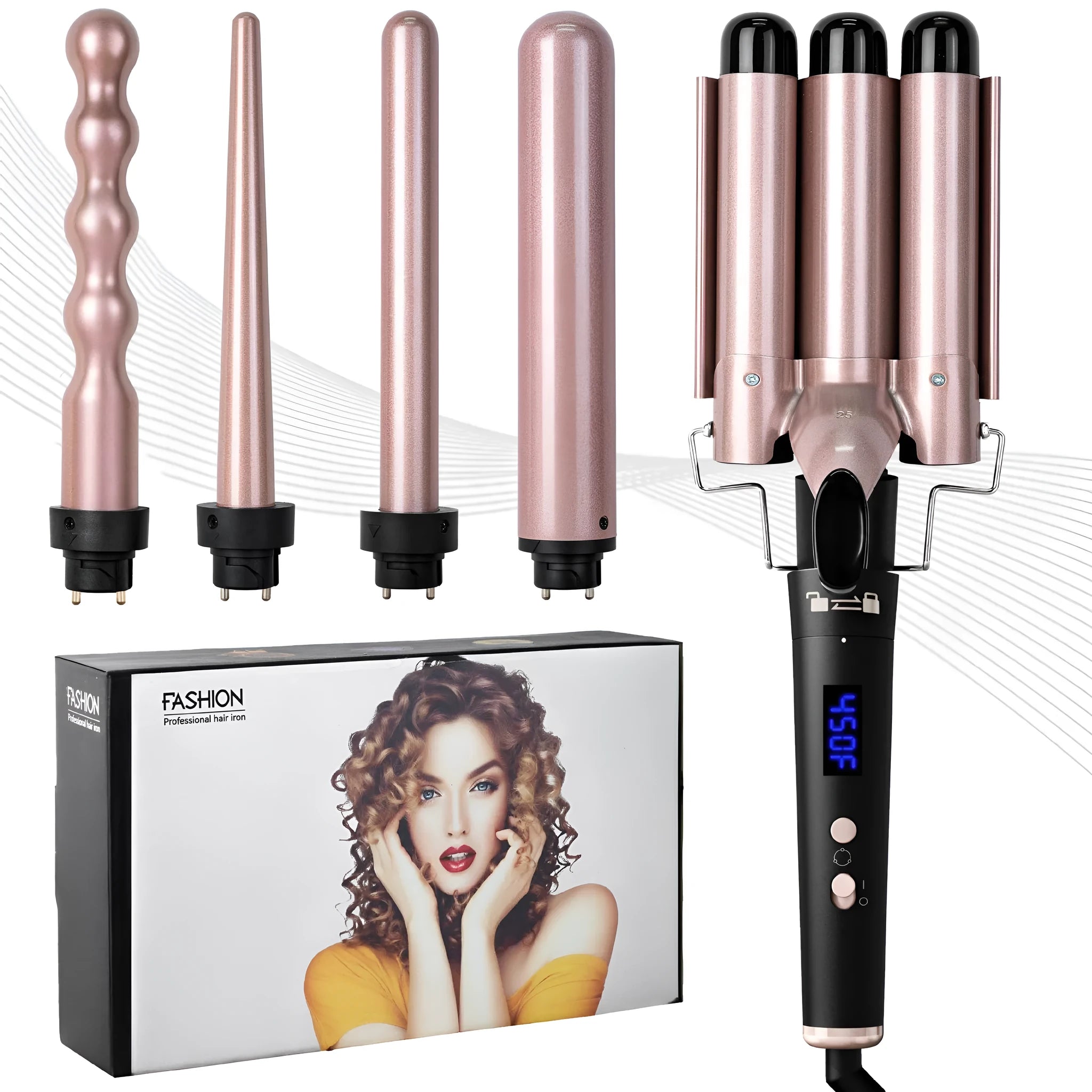 Rose gold hair curler with LCD display and multiple interchangeable tubes on a colour box, with protective gloves.