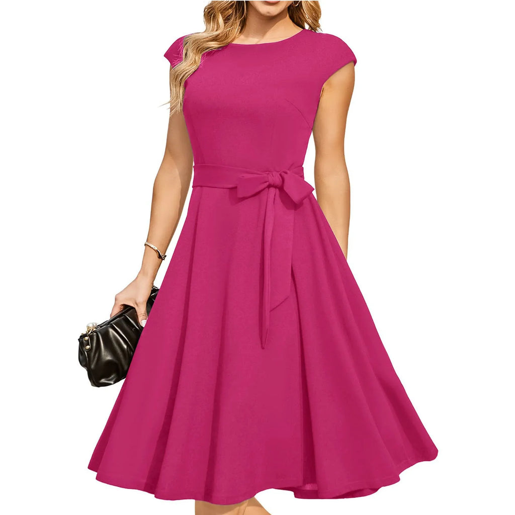 Sleeveless black midi dress with a lace-up waist tie and a full, oversized swing skirt.