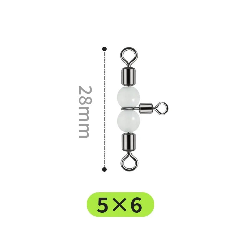 Copper three-fork luminous swivel fishing accessory with eight rings and integrated luminous beads