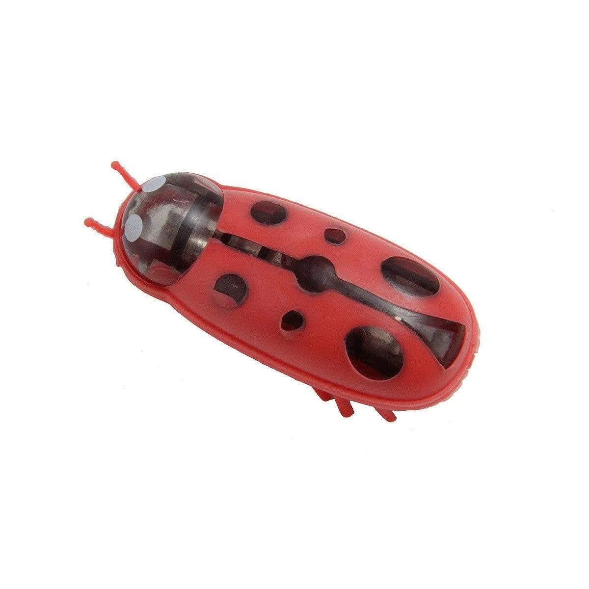 Small red ladybird shaped electric bug toy for cats on a wooden floor.