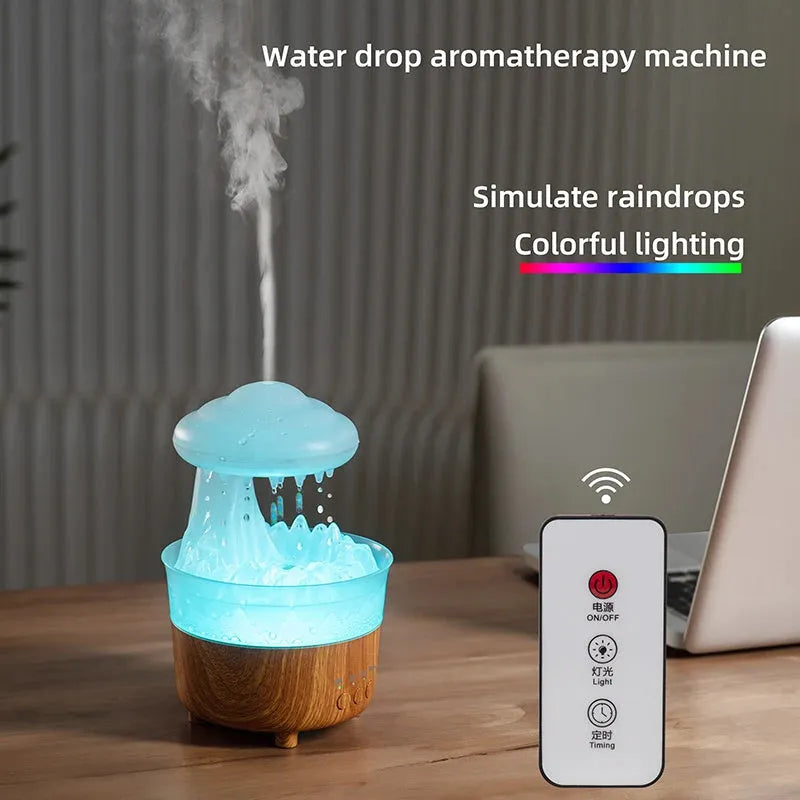 Wood grain white rain cloud shaped ultrasonic humidifier and essential oil diffuser with LED night lights.