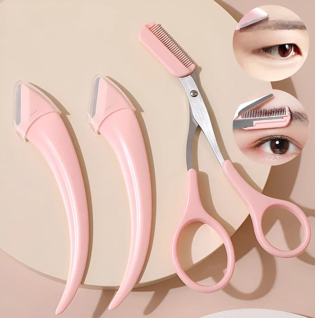 Curved moon eyebrow trimming knife with cutting comb in stainless steel and plastic construction