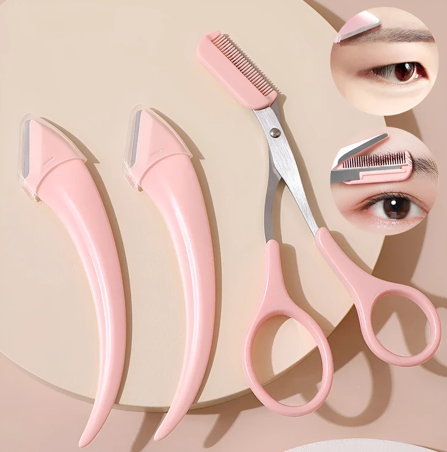 Curved moon eyebrow trimming knife with cutting comb in stainless steel and plastic construction