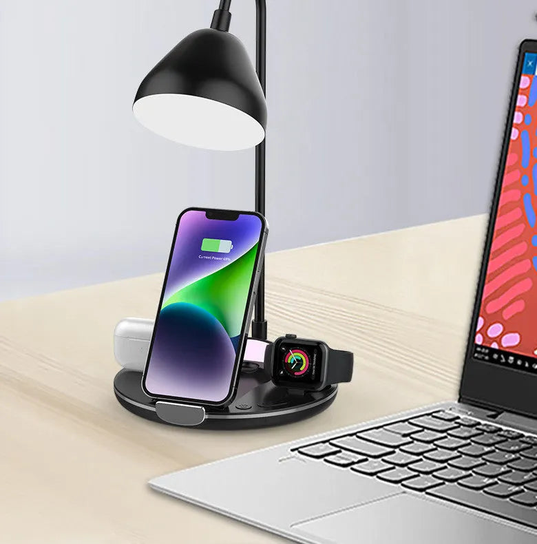 Black magnetic folding wireless charger showing unfolded position with USB cable