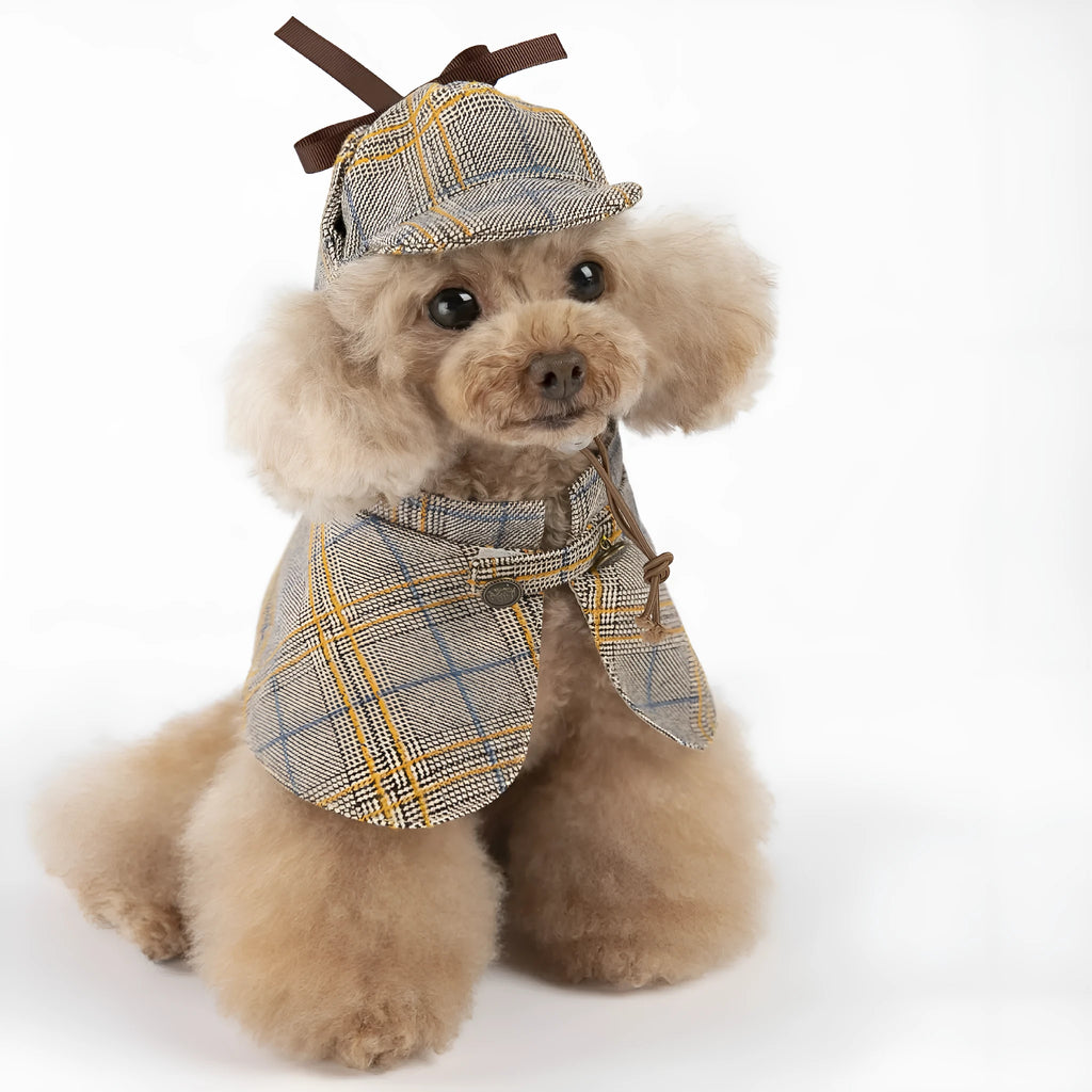 Camel-coloured detective suit style cotton cloak for pets with an adjustable hat.