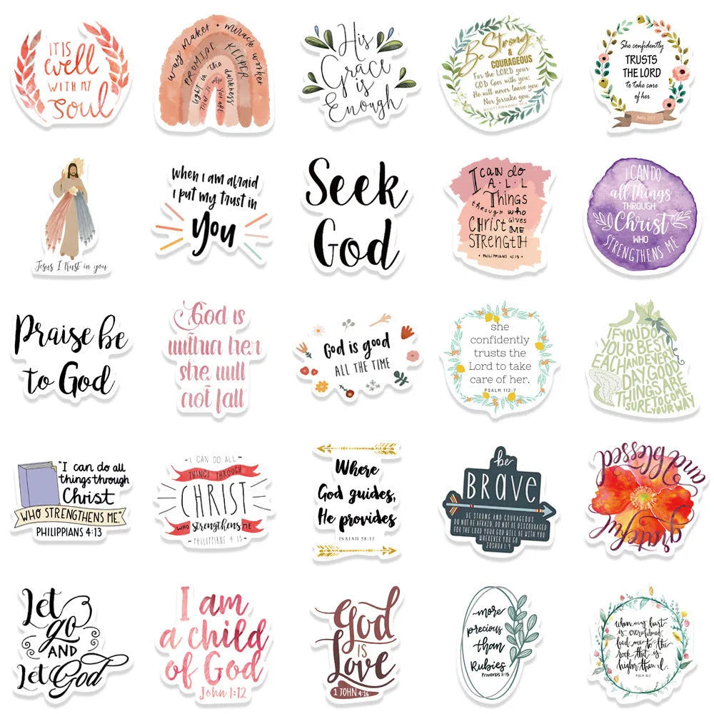 Assortment of colourful printed graffiti stickers from a 50-piece set for decoration.