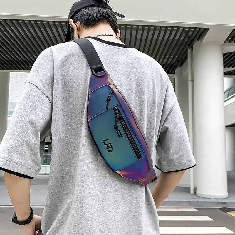 Blue reflective crossbody cycling shoulder bag made from Oxford cloth with open pocket