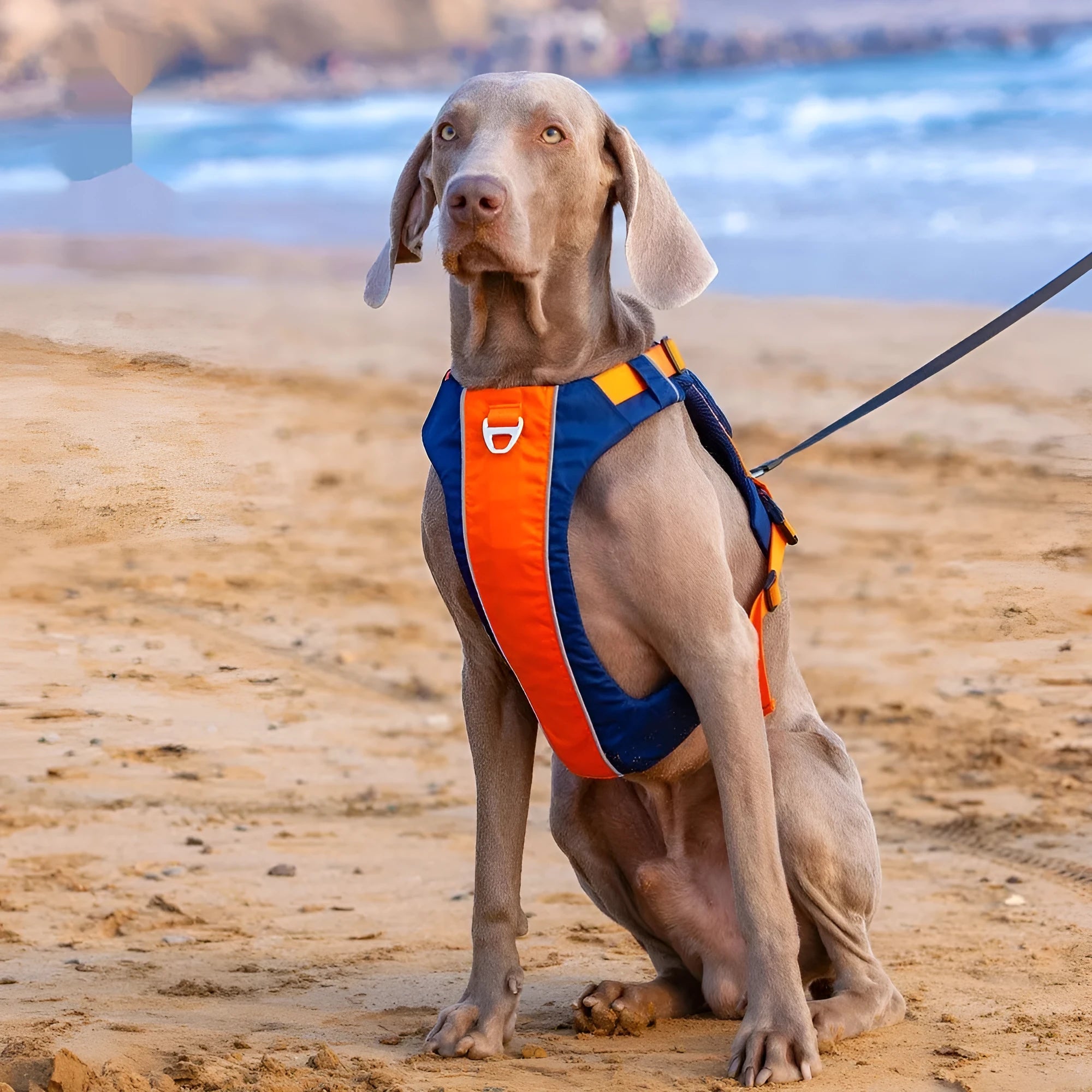 Orange blue nylon dog chest strap vest with hand rope leash, adjustable for secure walking