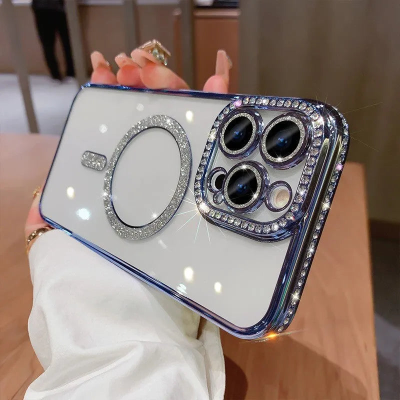 Magnetic wireless charging silicone phone case for iPhone in various metallic colours.