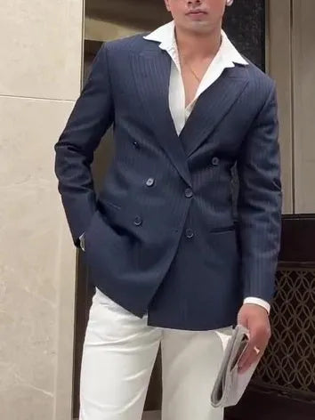 Men's classic stripe double breasted blazer on a hanger, showing regular fit and length.