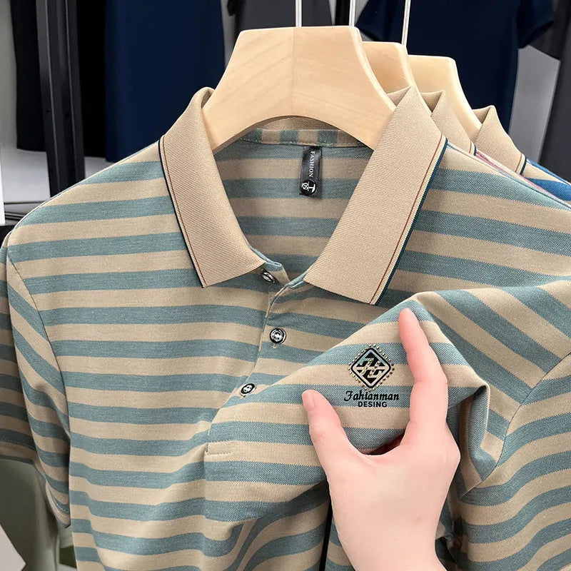 Men's striped mosaic pattern short sleeve casual t-shirt in red, blue, or green colour.