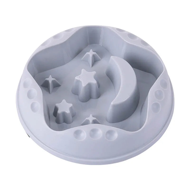Moon Star Wings pattern slow feeder dog bowl in blue, grey, green, pink, or yellow with non-slip base
