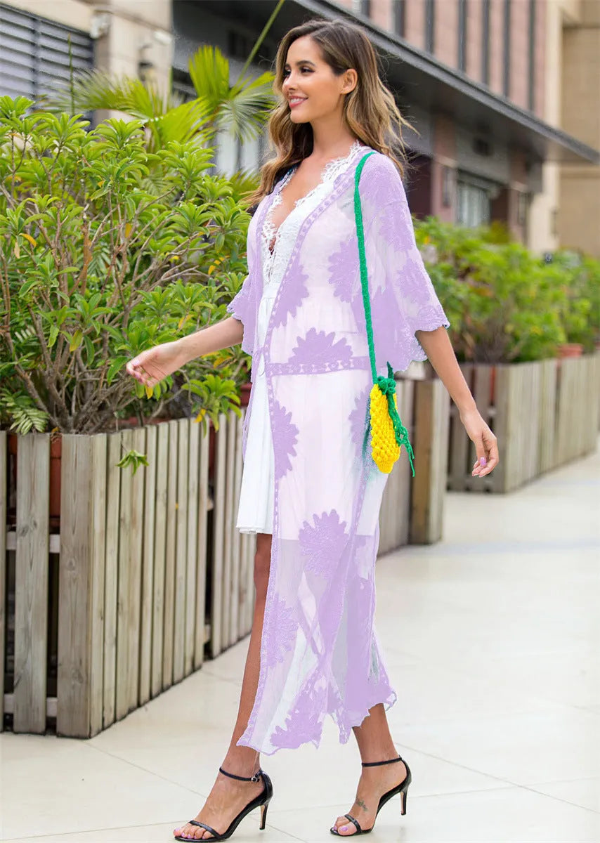 Light purple women's beach dress cardigan with lace embroidery swimsuit cover-up