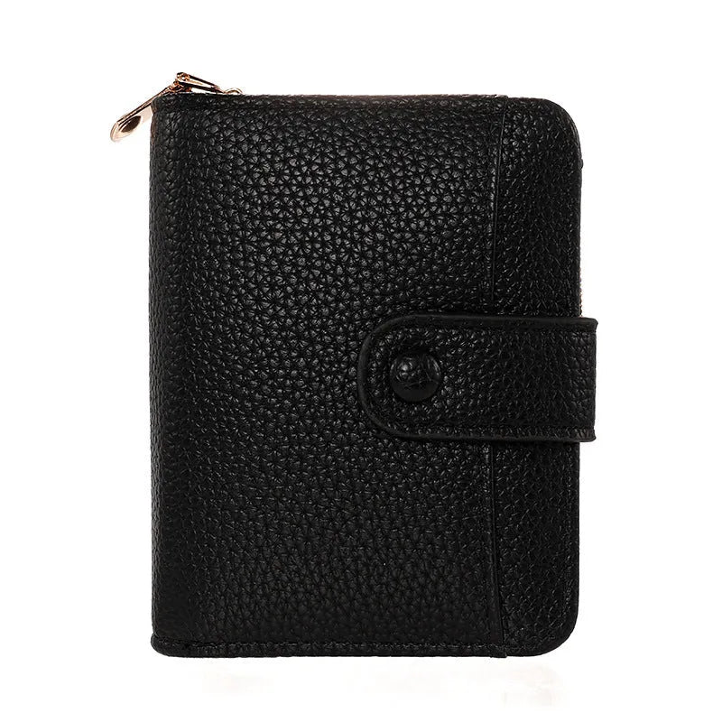 Women's short PU leather wallet with lychee pattern in beige, pink, black, or red.
