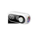 Mini portable Bluetooth speaker with clock display in black, white or blue colours showing extra bass and USB power