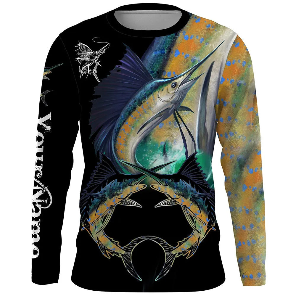 Men's grey round neck long-sleeve top with a large printed blue and orange fish graphic on the front.