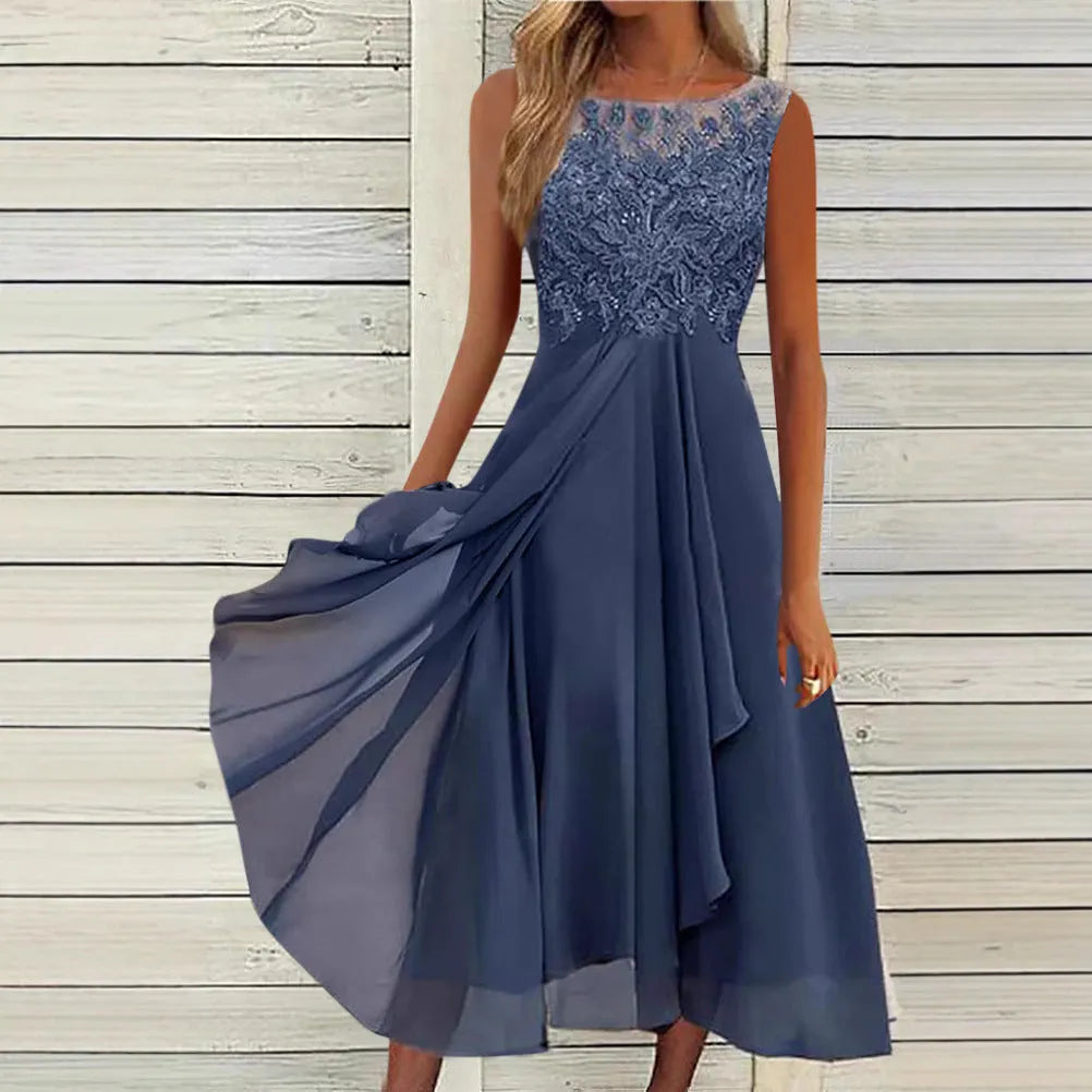 Women's sleeveless chiffon dress with lace hollow-out stitching, midi length, shown in blue.