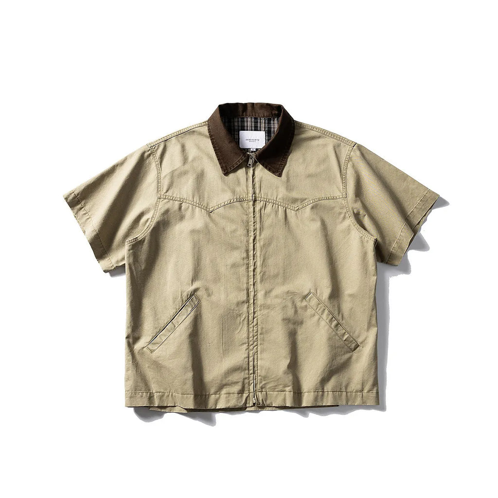 Short sleeve washed overalls shirt cardigan in loose fitting khaki or grey cotton