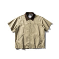 Short sleeve washed overalls shirt cardigan in loose fitting khaki or grey cotton