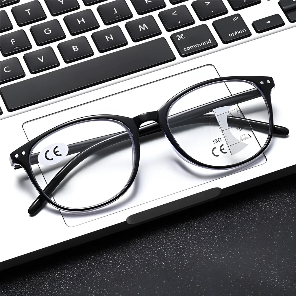 Women's ultra-light presbyopic glasses in black and blue focus frame with multi-focus lenses