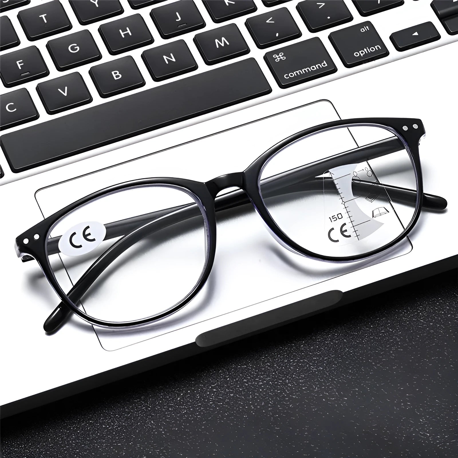 Women's ultra-light presbyopic glasses in black and blue focus frame with multi-focus lenses