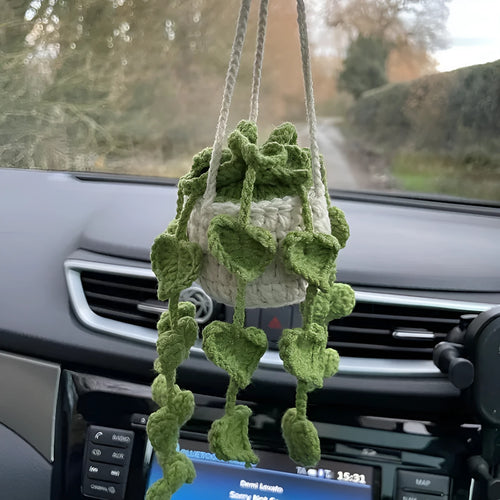 Green and white knitted wool car plant decoration with white hanging rope.