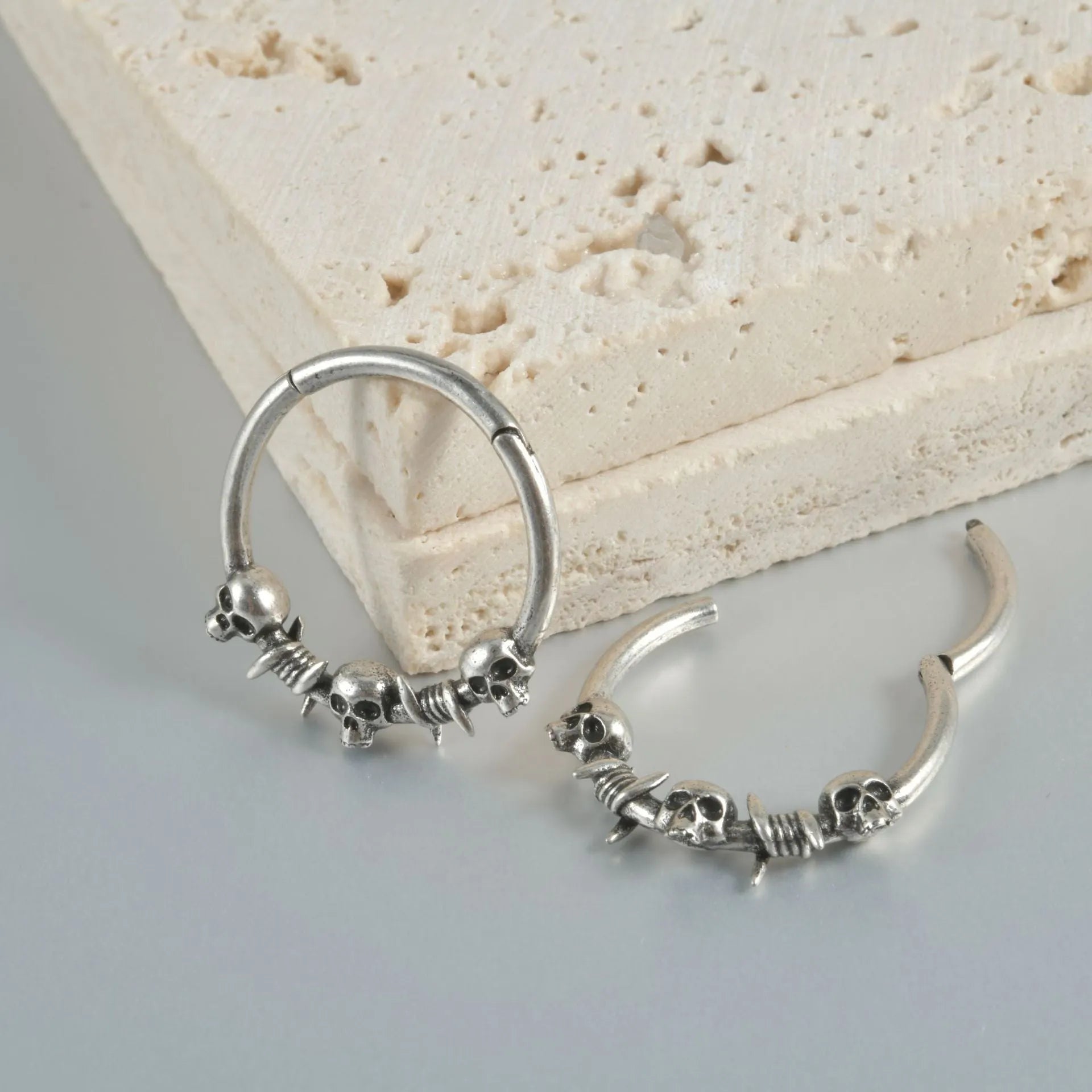 Copper punk earrings with ghost head design in antique silver or ancient gold colour
