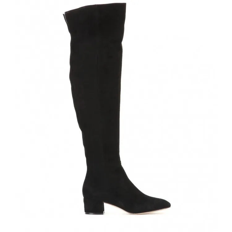 Women's grey suede over-the-knee flat boots with a pointed toe and thick low heel.