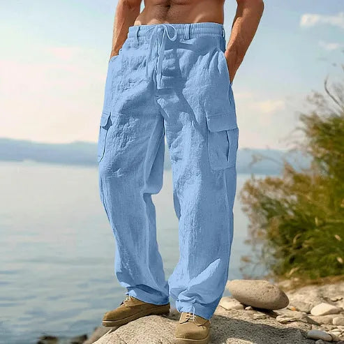 Men's cotton wide-leg trousers in light army green colour with casual mid waist design