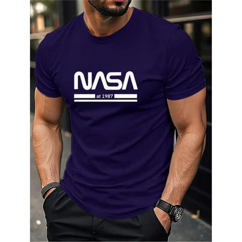 Printed slim-fit men's short sleeve cotton T-shirt on a hanger, shown in multiple colour options.