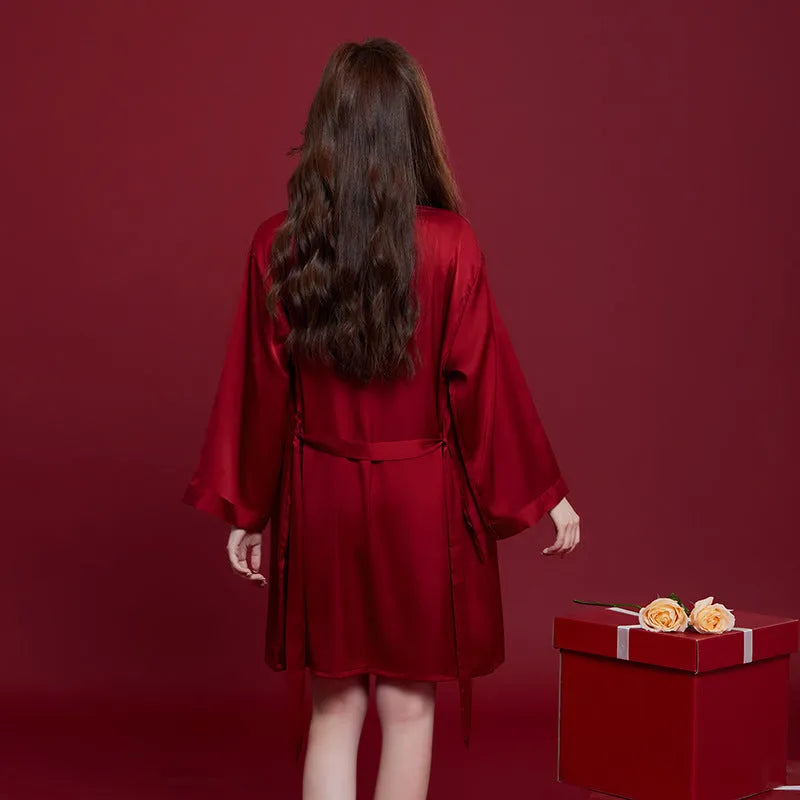 Red ice silk wedding dowry suit set with matching men's and women's sleepwear, long sleeves and trousers