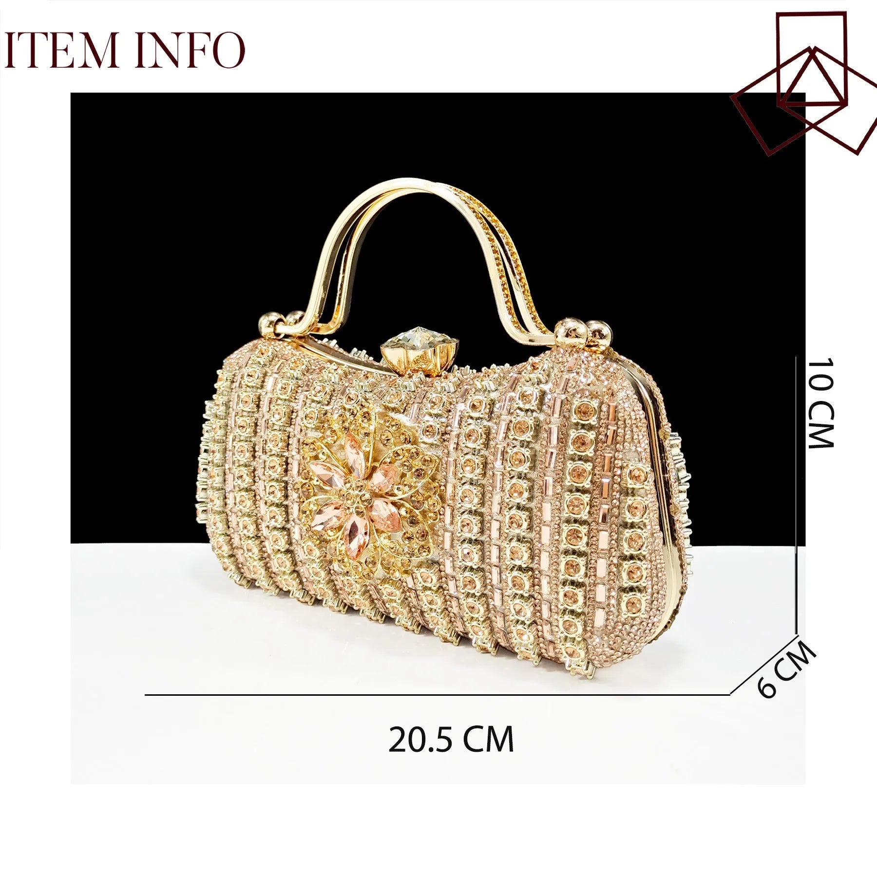 Women's black synthetic leather high heels with ankle chain and matching clutch bag with rhinestone flower decoration