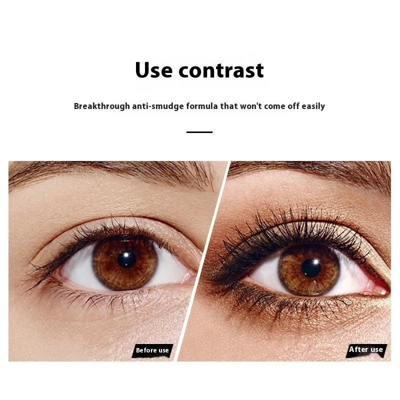 Black waterproof mascara wand for thick, curling lashes with English packaging.