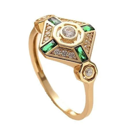 A square-cut Ins style emerald diamond ring for women on a white background.