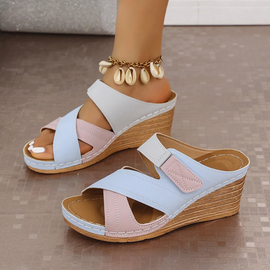 Women's wedge platform slippers with Velcro straps in two-tone colour options showing fish mouth toe shape