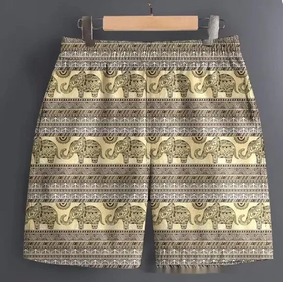 Men's polyester outdoor sports shorts in multiple patterns including stripes and camouflage