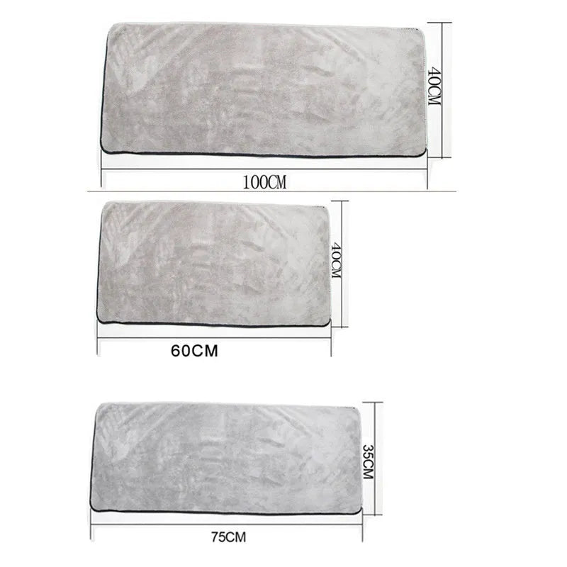 Microfibre car wash towel showing three size options for vehicle cleaning