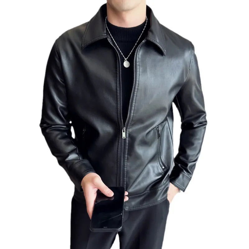 Men's black loose fit PU leather casual jacket with zip front