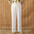 Women's linen high waist trousers with elasticated waistband and straight leg cut in navy blue