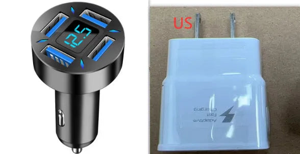 Four-port USB car charger with digital voltage display showing output reading