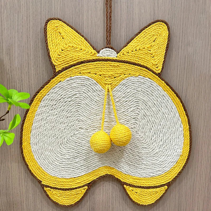 Yellow cat scratching pad with Corgi dog butt design, made from natural sisal with an anti-slip base.